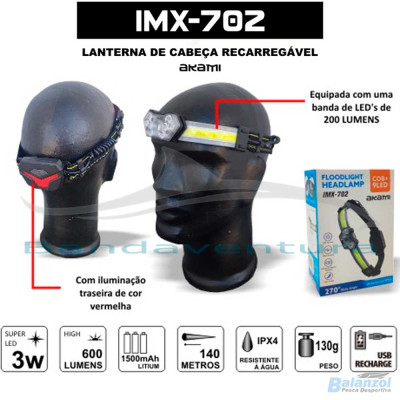 AKAMI LANTERNA DE CABEÇA IMX-702 RECARREGÁVEL